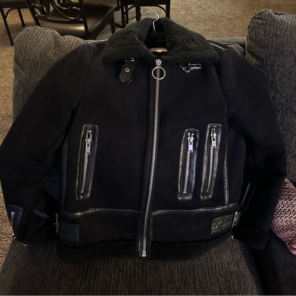 Faux Fur Shearling Moto Black Jacket Small - Picture 3 of 4